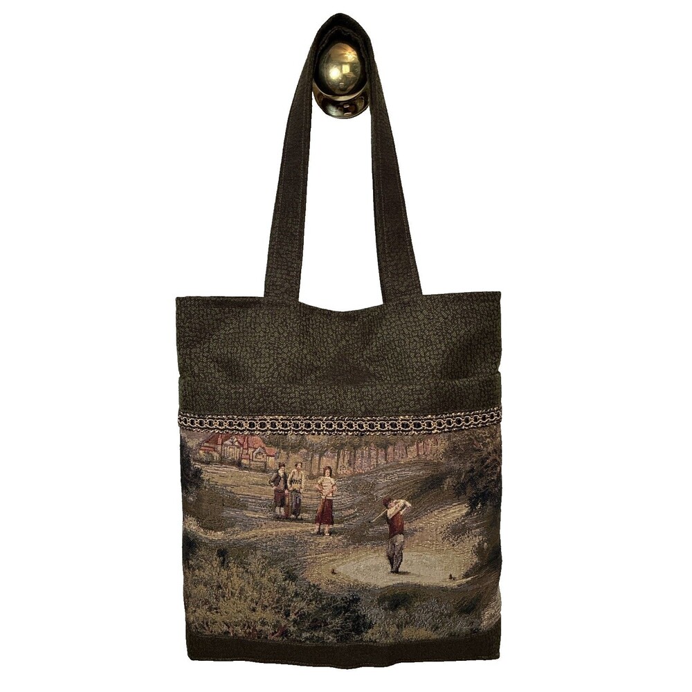 Handmade Golf Tapestry Tote Bag Large Brown Upcycled Grandmillennial Aesthetic
